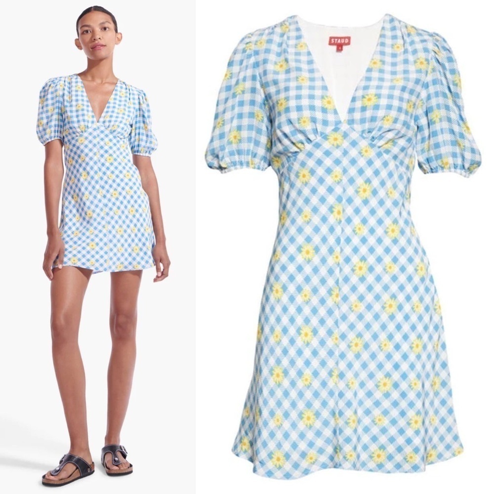 Staud Milla Print Minidress In Gingham Daisy Plaid